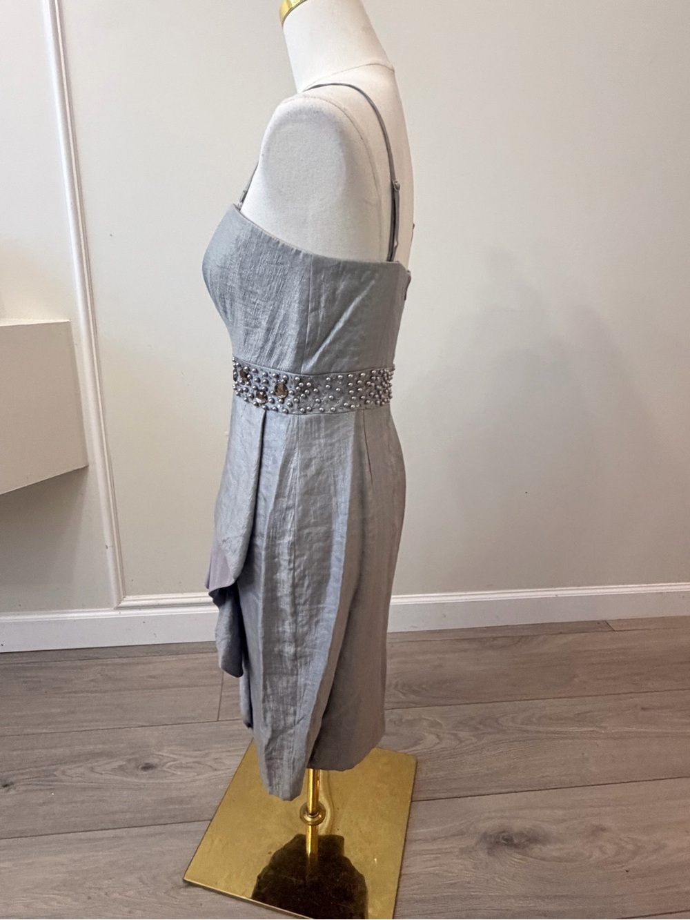 Adrianna Papell Silver Midi Dress with Lilac Ruffle & Jeweled Waistband - Picture 9 of 13
